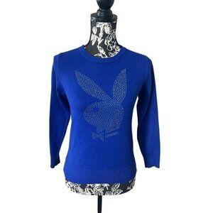 Playboy Bunny Sweater Blue Long Sleeve Blue Rhinestones Small